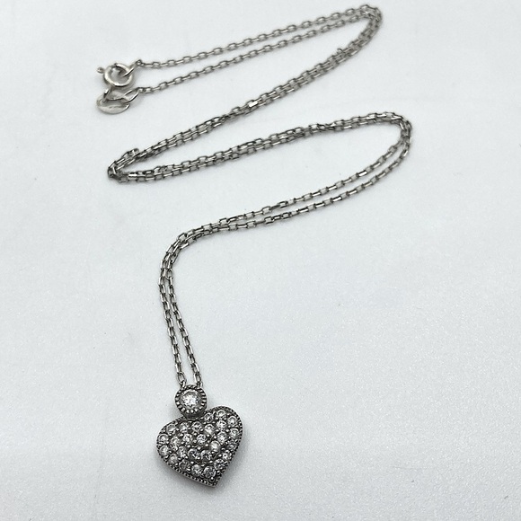 STERLING & Clear / White Cz Puffy Heart Necklace 18” Chain / .5” Pendant - Picture 2 of 10